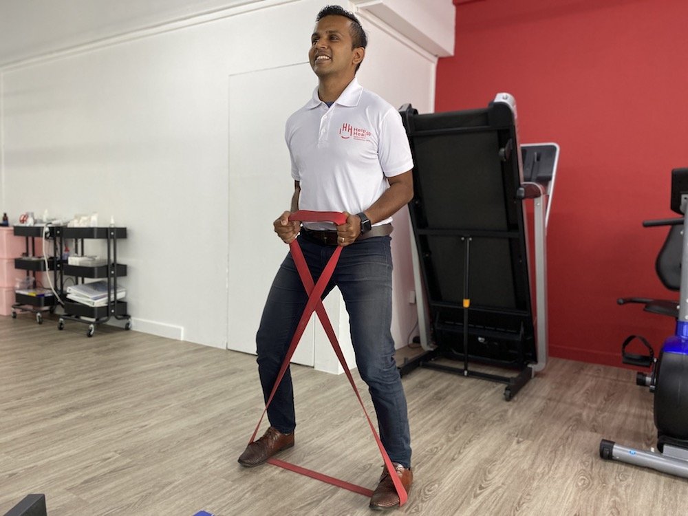 Bala demonstrating resistance band exercise